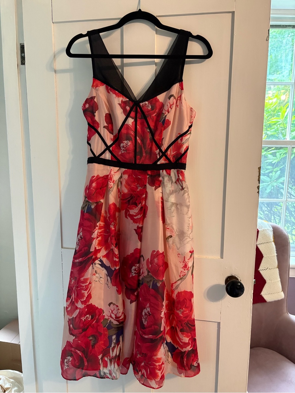 White House Black Market Pink Midi Dress with Floral Print and Black Mesh